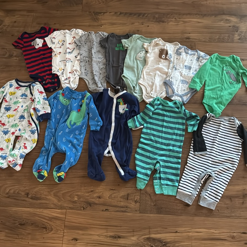 Bundle of baby boy 3-6 month bodysuits, rompers, and sleeper pajamas